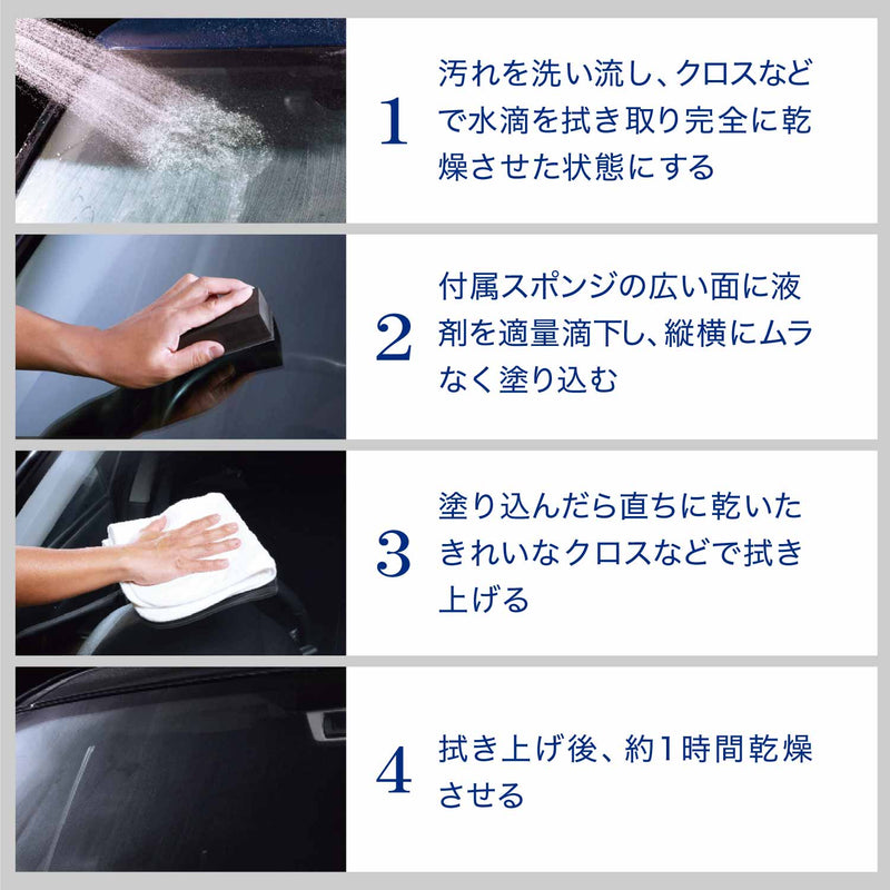 ●使用前に必ず説明事項を確認し、外箱は捨てずに保管してください。  ≪作業前、拭き取り用にきれいなクロスを準備してください。≫ 1.ガラスの砂や汚れをよく洗い流し、クロスなどで水滴を拭き取り完全に乾燥させた状態にします。 2.キャップを閉めたままボトルをよく振り、付属のスポンジに液剤を適量滴下します。 3.縦横にムラなく塗り込み、5~10分程度乾燥させます。 4.乾燥後、水で濡らし固く絞ったクロスなどで拭き上げます。 ＊拭き上げにはシュアラスター『マイクロファイバークロス』がお勧めです。