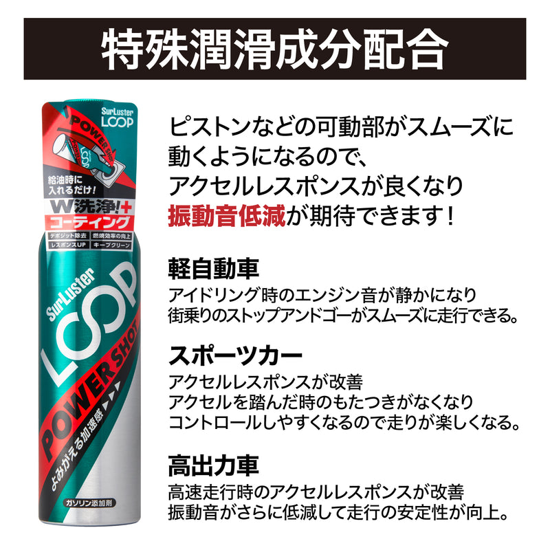 特殊潤滑剤の効果で、ピストンなどの可動部がスムーズに動くようになるので、アクセルレスポンスが良くなり、振動音が低減します。 パワーショットは洗浄効果と潤滑効果によって『加速感』『パワー感』が得られます。