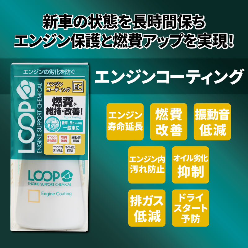 コーティング効果が高まった1万キロ以上効果が持続する強靭な潤滑・保護被膜“ループシールド”は、エンジン内で発生する摩擦/摩耗からエンジンを守りコンディションを維持します。また、フラーレンC60と呼ばれるナノレベル超微粒子成分も配合し、さらにピストンの動きをスムーズにさせることで燃費アップやエンジンノイズ低減が期待できます。  新車の走りをいつまでも、エンジン保護と燃費改善に！ ◉新車のエンジンコンディションや燃費を維持し、長持ちさせたい方に！ ◉省燃費エンジン車や低粘度エンジンオイル指定車にオススメ！ ◉エンジンオイルの補充に！  ［エンジン寿命延長］［燃費改善］［振動音低減］［ドライスタート予防］ ［エンジン内汚れ防止］［オイル劣化抑制］［排ガス低減］