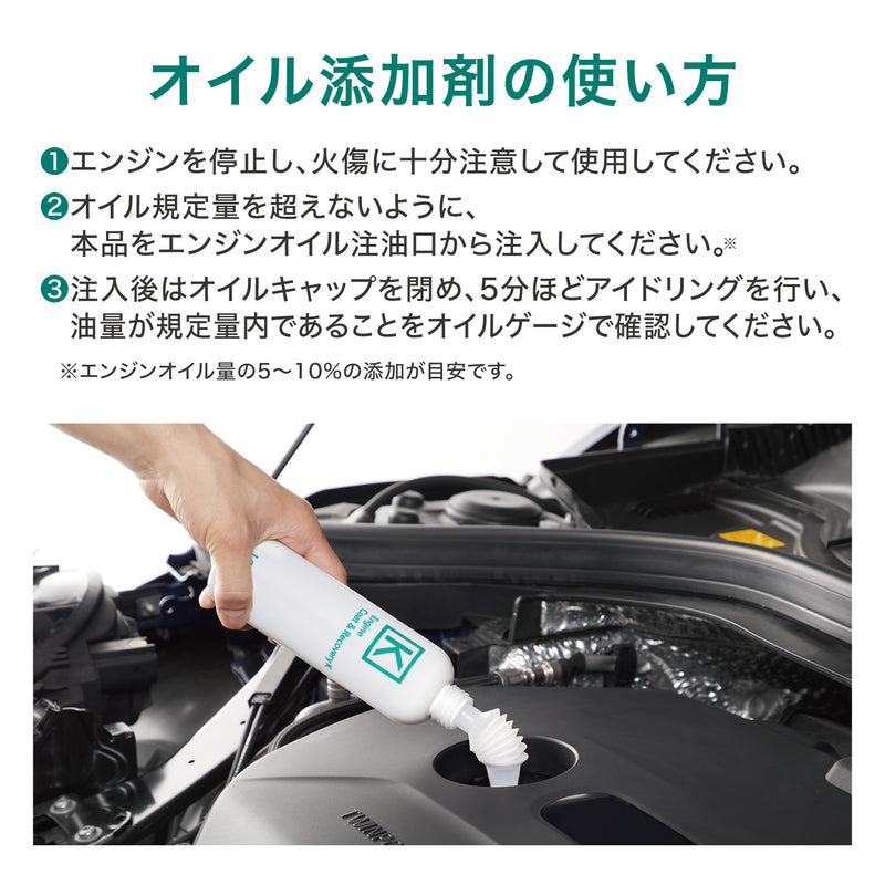 エンジンを停止し、火傷に十分注意して使用してください。 オイル規定量を超えないように、本品をエンジンオイル注油口から注入してください。 注入後はオイルキャップを閉め、5分ほどアイドリングを行い、 油量が規定量内であることをオイルゲージで確認してください。 ※エンジンオイル2～4Lに対して本品1本（オイル量の5～10％）の添加が目安です。 ※本品を効果的にご使用いただくためには、オイル交換毎に注入する事をお勧めします。 ※注入後は自動車メーカーの推奨するオイル交換時期に従って交換してください。 ※エンジンやエンジンオイルの状態、走行状況によっては、本品の性能が十分発揮されない場合があります。 ※他の添加剤とは併用できません。